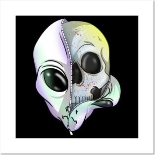 Creepy Space Grey Alien Skull Posters and Art